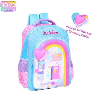 Imagem de Mochila De Costas Com Glitter e Coração Fofo Arco-íris Infantil Escola