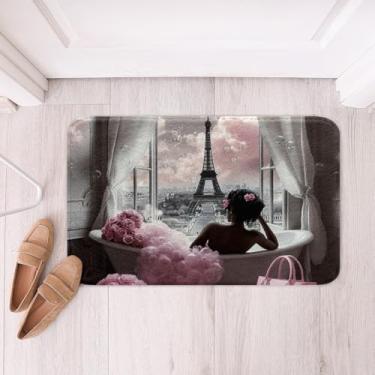 Imagem de Erosebridal Tapete de banho rosa Paris, Torre Eiffel, estilo francês, conjunto de tapete de banheiro para mulheres e meninas, tapete de banho para meninas negras afro-americanas, 51 x 81 cm, tapete de