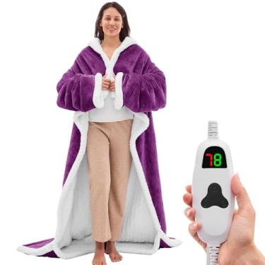 Imagem de greenoak Cobertor elétrico aquecido vestível – roupão aquecido, poncho, cobertor com capuz para adultos, presentes de inverno para mãe, namorada, avó, temporizador de 5 posições, 10 níveis de