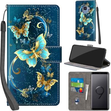 Imagem de Salanheo Capa carteira para Samsung Galaxy S9, com [3 compartimentos para cartões], fecho magnético com suporte, capa protetora flip de couro PU à prova de choque 14,7 cm, borboleta verde dourada