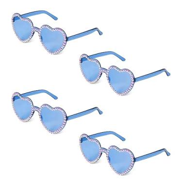 Imagem de 4 peças de óculos de sol em forma de coração, sem aro, elegantes pequenos óculos de sol de coração de strass, sem aro para festas de aniversário femininas (azul)