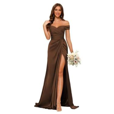 Imagem de Vestido de dama de honra Dessiny Off Shoulder Mermaid Satin Brown