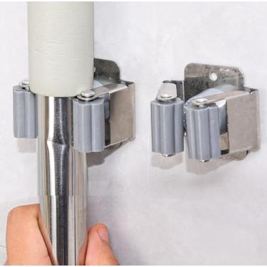 Imagem de 2 peças de suporte de vassoura e esfregão, organizador de ferramentas de jardim resistente, ancinho e alça de pá, gancho de esfregão de aço inoxidável, rack utilitário montado na parede com parafusos