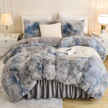 Imagem de Andency Conjunto de edredom casal de pele sintética tingida, cinza, azul, 3 peças (1 edredom de veludo felpudo e 2 fronhas), conjunto de cama com edredom macio e felpudo