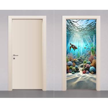 Imagem de Adesivo Envelopamento Decorativo de Porta Madeira Fundo do Mar Peixes Tartaruga (80cm)