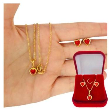 Imagem de Kit Conjunto Colar e Brinco Coração Zircônia Vermelha Banhado a Ouro 1