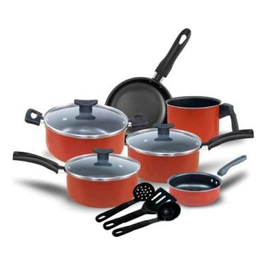 Imagem de Jogo de Panelas 9 Pçs Teflon Tampas Vidro Antiaderente Varias Cores - 