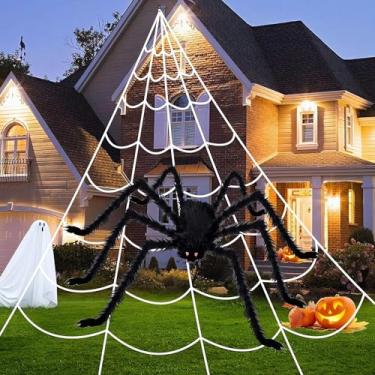 Imagem de Decoração de Halloween para ambientes externos de teia de aranha de 5 metros com aranha gigante e corda de seda densa e elástica e 2 aranhas pequenas triangulares enormes teias de aranha para quintal