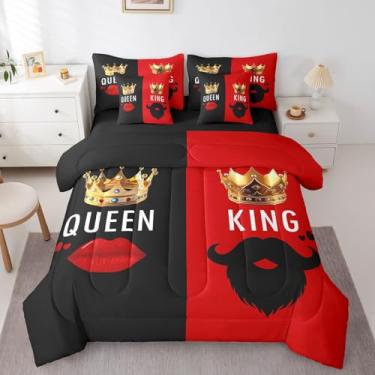 Imagem de Erosebridal Conjunto de cama king e queen queen em uma bolsa, 7 peças, para adultos, homens e mulheres, conjunto de edredom com coroa vermelha e preta para casal, para ela, dele, romântico, boca e