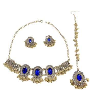 Imagem de Colar gargantilha étnica indiana Jhumka com borla oval de strass Maang Tikka Conjunto de 3 peças Boêmio Oxidado Tradicional Cristal Jhumki Retrô Bollywood Declaração Cigana Casamento Joias para
