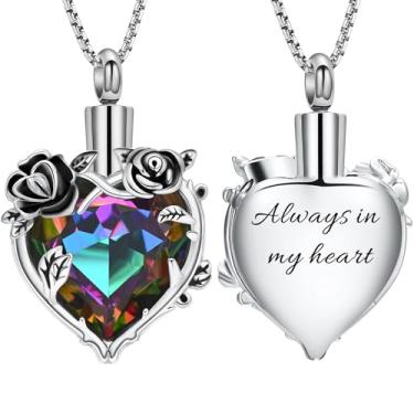 Imagem de Colar de urna de cremação de flor de rosa para cinzas, joia memorial de cristal de coração para mulheres, pingente de lembrança de urna, suporte de medalhão em memória de animal de estimação humano