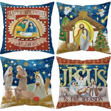 Imagem de HYJ Capas de almofada de Natal Noite Santa, 45,7 x 45,7 cm, conjunto de 4 fronhas dupla face Jesus Presépio de Jesus, manjedoura nascimento de Cristo, feriado religioso, Natal, casa de fazenda
