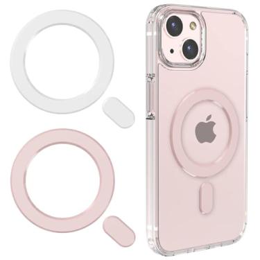 Imagem de KALAPOP Adesivo universal para anéis de metal Magsafe compatível com iPhone 15 Pro Max, 15 Pro, série 15/14/13/12, Samsung Galaxy, Google Pixel Series (branco e rosa, 2 peças - anéis magnéticos)