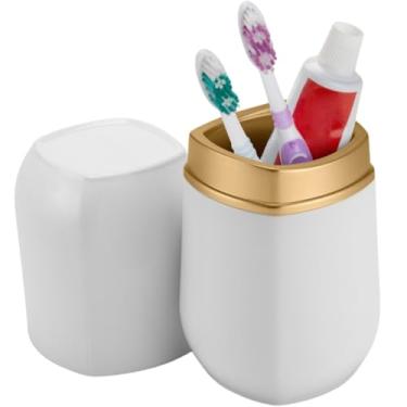 Imagem de Porta Escova, Suporte Pasta de Dente com Tampa Bancada Banheiro Lavabo(Branco/Dourado)