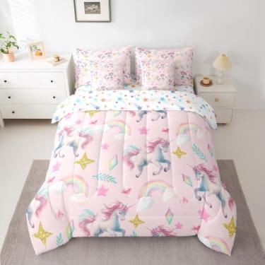 Imagem de Jogo de cama solteiro de unicórnio em uma bolsa para meninas, arco-íris, unicórnio, rosa, kawaii, unicórnio com estrelas, decoração de fantasia, rosa dégradé para meninos e crianças