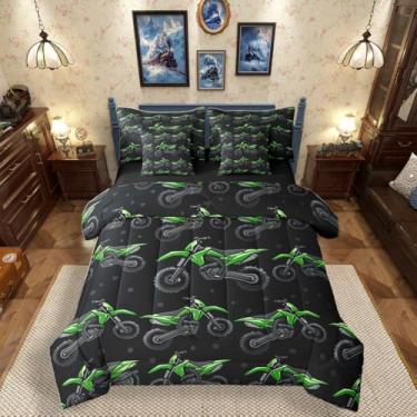 Imagem de Erosebridal Jogo de cama solteiro para meninos, motocross, verde, motocross, 7 peças, para decoração de quarto de crianças, adolescentes e homens