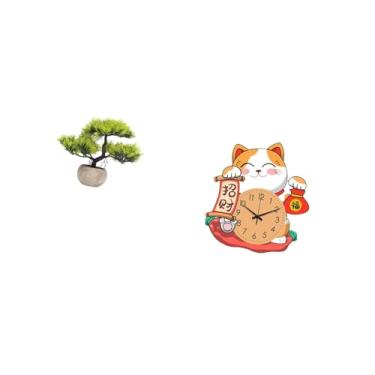 Imagem de Fenteer Relógio de Parede de árvore Bonsai Artificial com Gato, Coleção de Bonsai Verde, Decoração de Casa Sem -taque, Planta Falsa, Relógio Pendurado Si