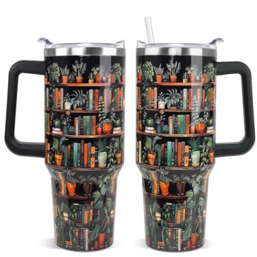 Imagem de Rcvlauf Plant Lover Gifts Estante copo com alça e canudo amantes de livros canecas de viagem 1,134 g copo isolado presentes para jardineiros, viciados em plantas, leitoras de plantas, livros