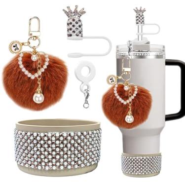Imagem de JIASHEBDE Conjunto de acessórios de strass para Stanley Quencher H2.0 copos de 850 g/1,134 g – topo de palha de coroa, bota de silicone com strass brilhante, pingente de chaveiro pompom (marrom)