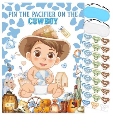 Imagem de Pin the Pacifier on the Cowboy Party Games Western Party Game Western Baby Shower Game Grande Cowboy Baby Poster Blindfold 48 Adesivos de Chupeta para Decorações de Chá de Bebê Cowboy