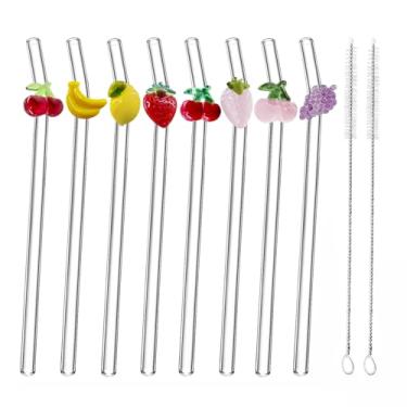 Imagem de 8 canudos de vidro com pingentes, cada canudo de vidro fofo vem com uma fruta, inclui como bônus duas escovas de limpeza de palha.