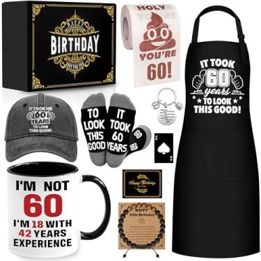 Imagem de Conjunto de canecas de café para presentes de aniversário de 60 anos, suprimentos para festa de aniversário de 60 anos, presente com copo de cerâmica de 325 ml, avental de pulseira, chaveiro de papel