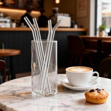 Imagem de Conjunto de 4 canudos de vidro, canudos reutilizáveis, 4 canudos dobrados com escova de limpeza para smoothies suco de chá