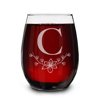 Imagem de Monograma com taça de vinho sem haste com gravação floral/flor inicial 425 g, presente personalizado para mulheres, homens, aniversário e ocasiões especiais (C)