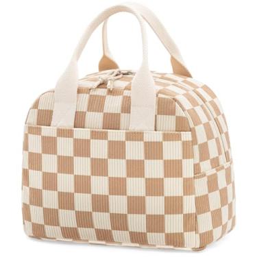 Imagem de LOVELYWIND Lancheira feminina xadrez marrom isolada, bolsa de veludo cotelê com forro de alumínio, refrigerador reutilizável de grande capacidade para trabalho, viagens, praia ou piquenique, lancheira