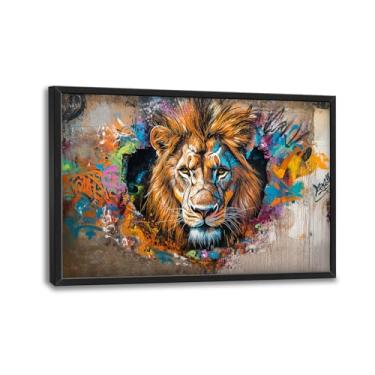 Imagem de Arte de parede de leão, decoração de parede de imagens de leão, pintura de impressão em tela de animais Banksy, arte emoldurada grande para sala de estar, escritório, quarto, banheiro, corredor, 91 x