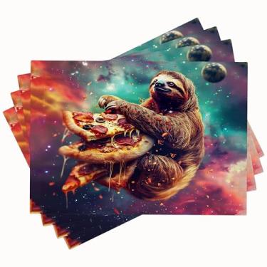 Imagem de Jogo americano preguiça conjunto de 4 tapetes de mesa com estampa dupla face de pizza para cozinha, sala de jantar, restaurantes, decoração, imitação de linho, 30 x 45 cm, 4 peças