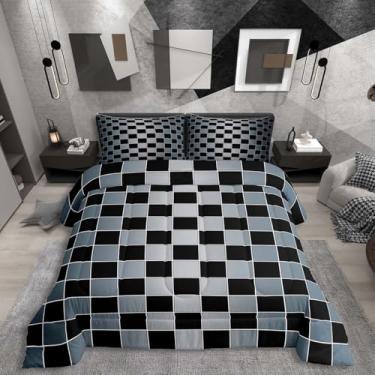 Imagem de Erosebridal Jogo de cama xadrez preto, solteiro, azul acinzentado, ombré, edredom para crianças, meninos, adolescentes, xadrez, buffalo, xadrez, edredom, edredom