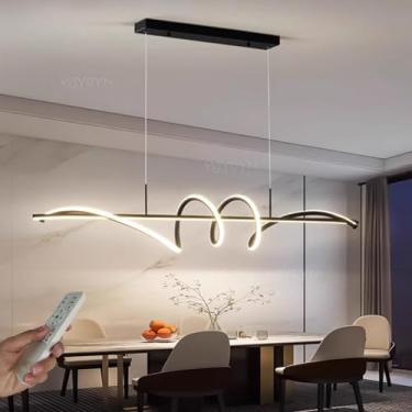 Imagem de Luminária pendente LED dimerizável para sala de jantar, preta, em espiral, com design linear, lustre com controle remoto, em alumínio, para sala de estar, cozinha ou escritório, 100 cm de co
