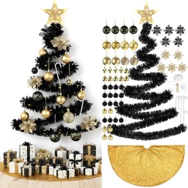 Imagem de HyDren 91 peças de árvore de Natal DIY para pendurar na parede com luzes, inclui guirlanda de Natal de 1,8 m, enfeite de bola, cana-de-doce, purpurina, flores de poinsétia para decoração de casa (ouro