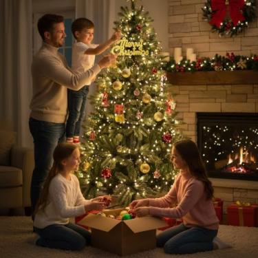 Imagem de Kit de Enfeites para Árvore de Natal, 9 Peças Coloridas, Inclui Placa Merry Christmas, Bolinhas, Laço, Bengalinha e Mini Sino, Material Poliéster/ABS