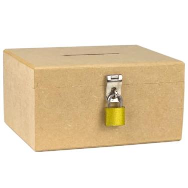 Imagem de Cofrinho de Madeira Em Mdf Cofre Com Furo Para Notas Moedas e Fecho Para Cadeado(RETANGULAR + CADEADO)