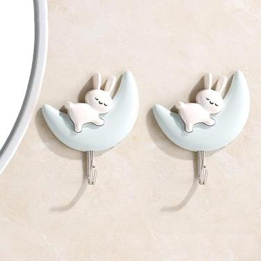 Imagem de 2 ganchos autoadesivos de coelho que não requerem perfuração e não danificam, adequados para toalhas, roupas, bolsas e ganchos para pendurar pequenos itens atrás da porta e paredes do banheiro (azul)