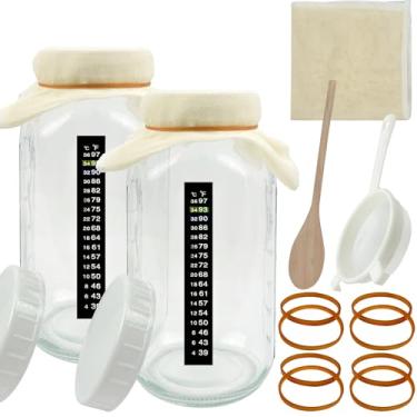 Imagem de Kit de fermentador Kombucha de 11 peças, kit de iniciação Kombucha com frasco de vidro de 1,7 g, boca larga com plástico, pano de queijo, filtro de plástico para iniciação de massa fermentada