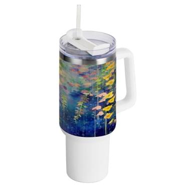 Imagem de xigua Copo vintage de flores silvestres de 1,134 g com alça e canudo, aço inoxidável duplo isolado a vácuo garrafa de água suporte de copo de garrafa de água amigável à prova de vazamento copo de