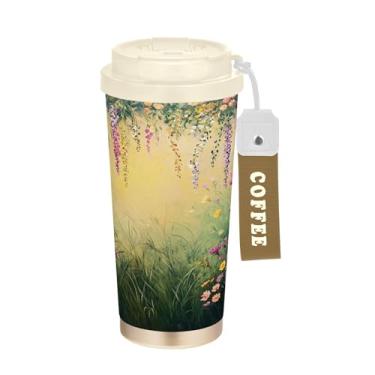 Imagem de SEHANY Caneca de viagem vintage com flores de jardim de 482 ml, copos de café reutilizáveis revestidos de cerâmica com tampa à prova de vazamento, parede dupla, isolamento a vácuo, copo de café de aço