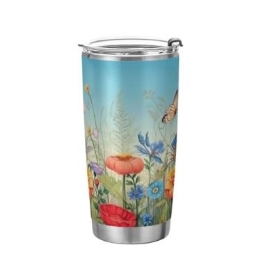 Imagem de xigua Copo de flores silvestres de jardim aquarela com tampa de palha, caneca de viagem a vácuo de parede dupla, caneca de café bem isolada, copo de aço inoxidável para bebidas quentes e frias, 600 ml