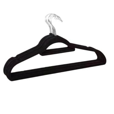 Imagem de Cabide de Veludo Preto Ultrafino, 42cm, Antiderrapante, Gancho Giratório Cromado, Kit com 10 Unidades