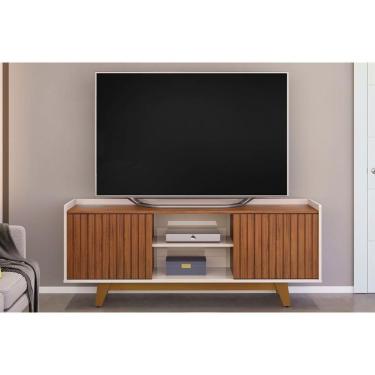 Imagem de Rack Bancada p/TV até 60 Polegadas Flat Ripado c/ Nichos e Pés 150x60cm Freijó/Off White - DJ Móveis