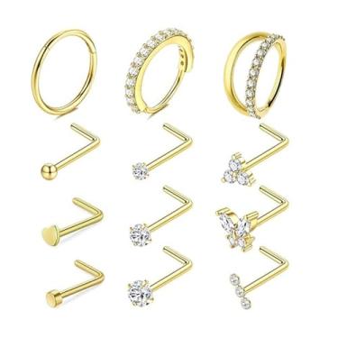 Imagem de Niaspi 12 peças de argola de nariz piercing de nariz 20G aço inoxidável minúsculo strass coração estrela borboleta em forma de L parafuso cartilagem narina piercing joias para mulheres e homens (ouro)