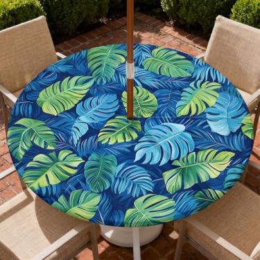 Imagem de Yesad Toalha de mesa redonda para uso ao ar livre com orifício para guarda-chuva, toalha de mesa com zíper e borda elástica, capa de toalha de mesa à prova d'água para piqueniques, serve para mesa