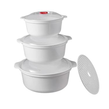Imagem de DimyFew Conjunto de 3 Tigelas para Micro-ondas com Tampas e Grelha para Vapor, Recipientes para Armazenamento, Pratos para Micro-ondas, Tigela para Sopa,