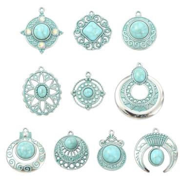 Imagem de LiQunSweet 20 peças, 10 estilos, berloques boêmios, pátina azul, imitação de pedra turquesa, pingentes para joias faça você mesmo, pulseira, colar, brinco, bolsa, chaveiro, decoração de telefone