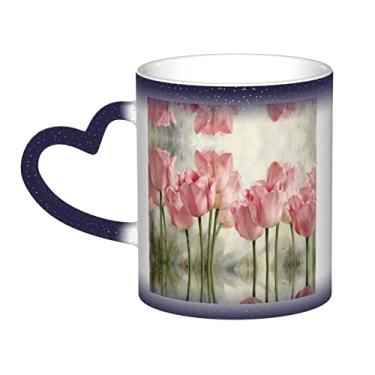 Imagem de Copo de café divertido de tulipas rosa, copo de cerâmica com mudança de cor sensível ao calor 12 Oz, para café/chá/leite/cacau, para adolescente/aniversário/festival/presentes