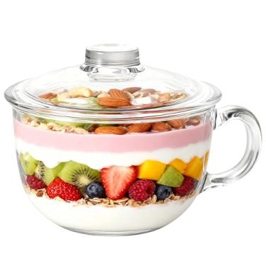 Imagem de Tigela de vidro para cereais, tigela de sopa de vidro com alça, pequenas tigelas transparentes com tampa de vidro, aveia, café da manhã, tigela de iogurte segura para micro-ondas, vidro para sobremesa, macarrão, arroz, 600 ml