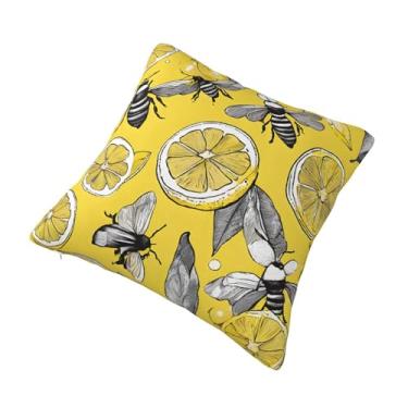 Imagem de Almofada quadrada decorativa com estampa de limão amarelo e abelha - Design reversível, zíper oculto, poliéster macio para sofá, cama e carro - Hipoalergênico 30,5 x 30,5 cm